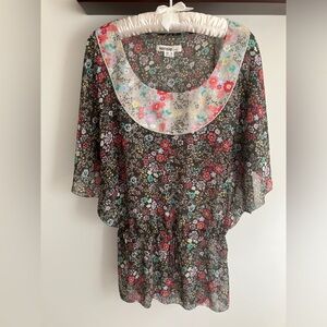 Floral Print Sheer Tunic Bat-wing Sleeves Scoop Neck